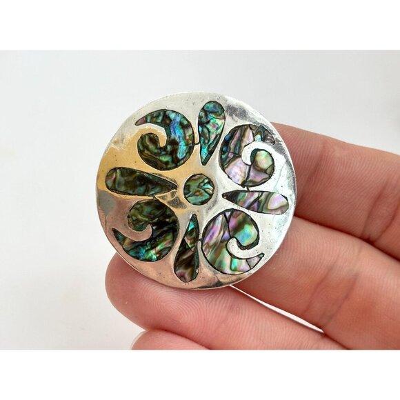Taxco Sterling Silver Abalone Mexican Round Abstract Vintage Brooch Pendant - Picture 10 of 10